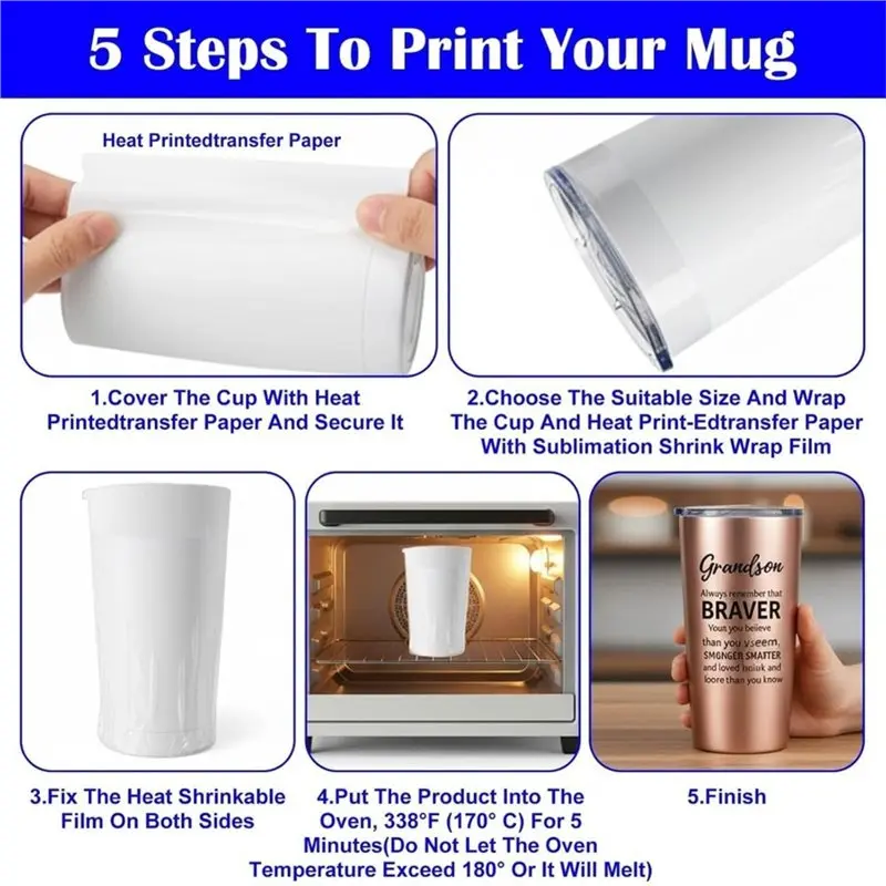 A84E-Shrink Wrap Sleeves Sublimation 100Pcs For Tumblers, Mugs, Cup- 5 Size Rolls Included