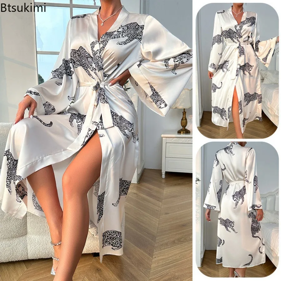 

2025 White Long Kimono Bathrobe Gown Sexy Leopard Intimate Lingerie Sexy Leopard Nightwear Summer New Loungewear Lady Homewear