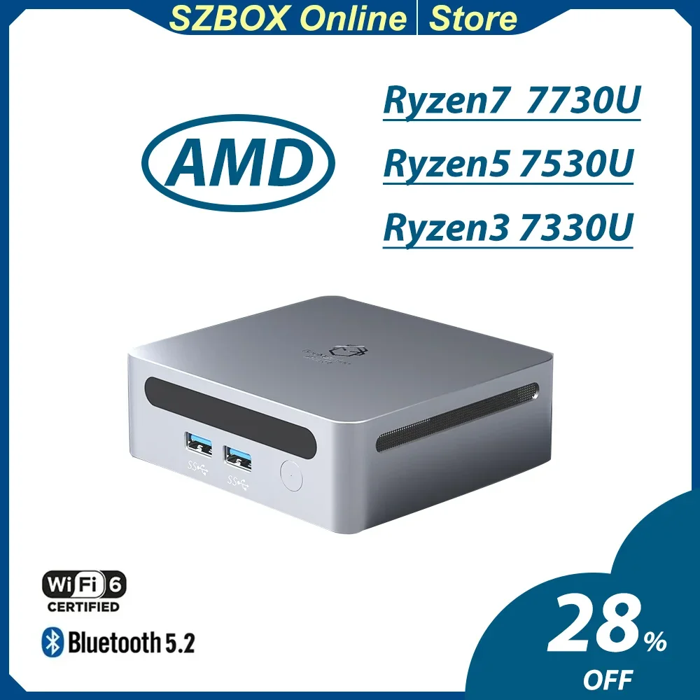 SZBOX Ryzen 7 7730U R5 7530U R3 7330U كمبيوتر صغير ثنائي القناة 16GB DDR4 3200MHz 500GB PCIe4.0 SSD WIFI6 BT5.2 لتقوم بها بنفسك كمبيوتر ألعاب
