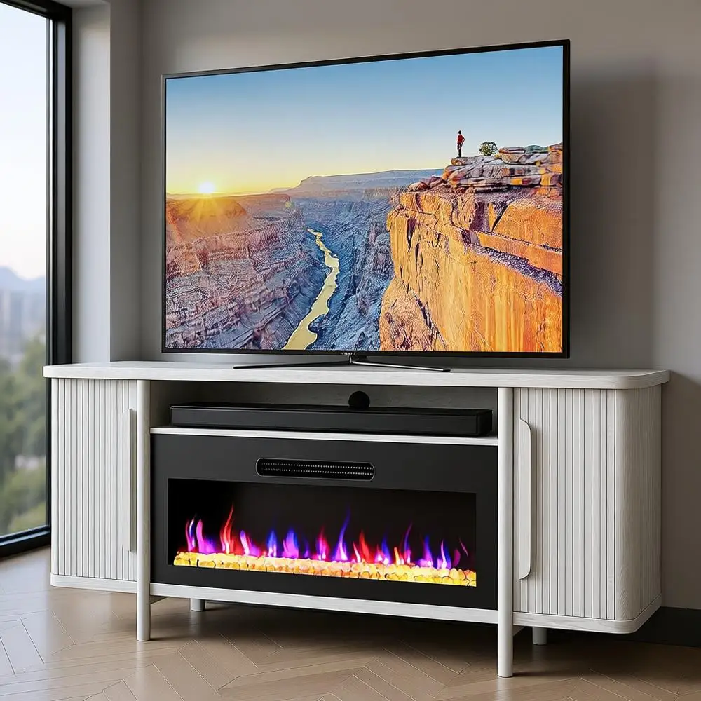 

Тумба под телевизор 66 дюймов с электрическим камином 36 дюймов, столешница под дерево, для телевизоров до 75 дюймов, развлекательный центр с местом для хранения для гостиной и спальни