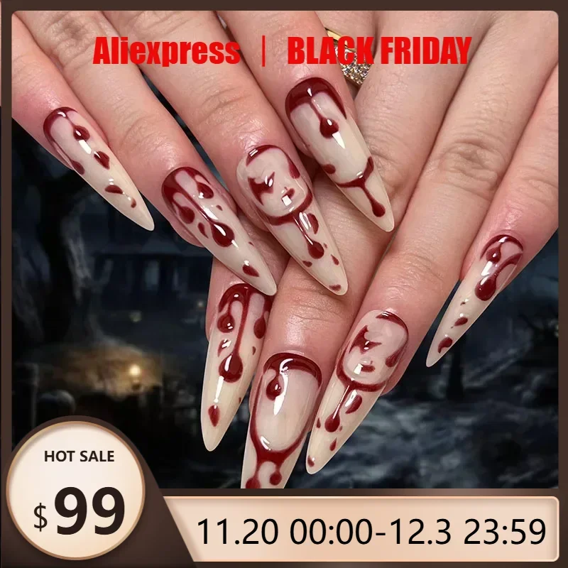 

24pcs Halloween Red Blood Droplet Fake Nails Press On Nails Coffin Long False Nails For Women Girls Halloween Party Nail Decor