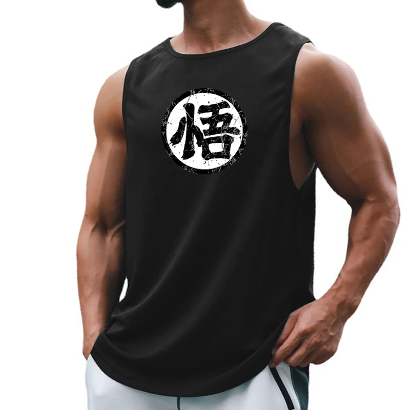 

Japanese Anime Logo Wu Font Print Mens Gym Clothing Fitness Singlets Quick Dry Bodybuilding Tank Tops Muscle Shirt Sports Vest