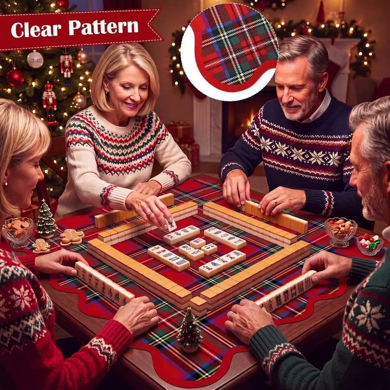 VIKAMA Square Mahjong Table Mat Christmas Red Tartan Plaid Print Non‑Slip Silent Foldable Game Pad for Xmas Party Home Decor