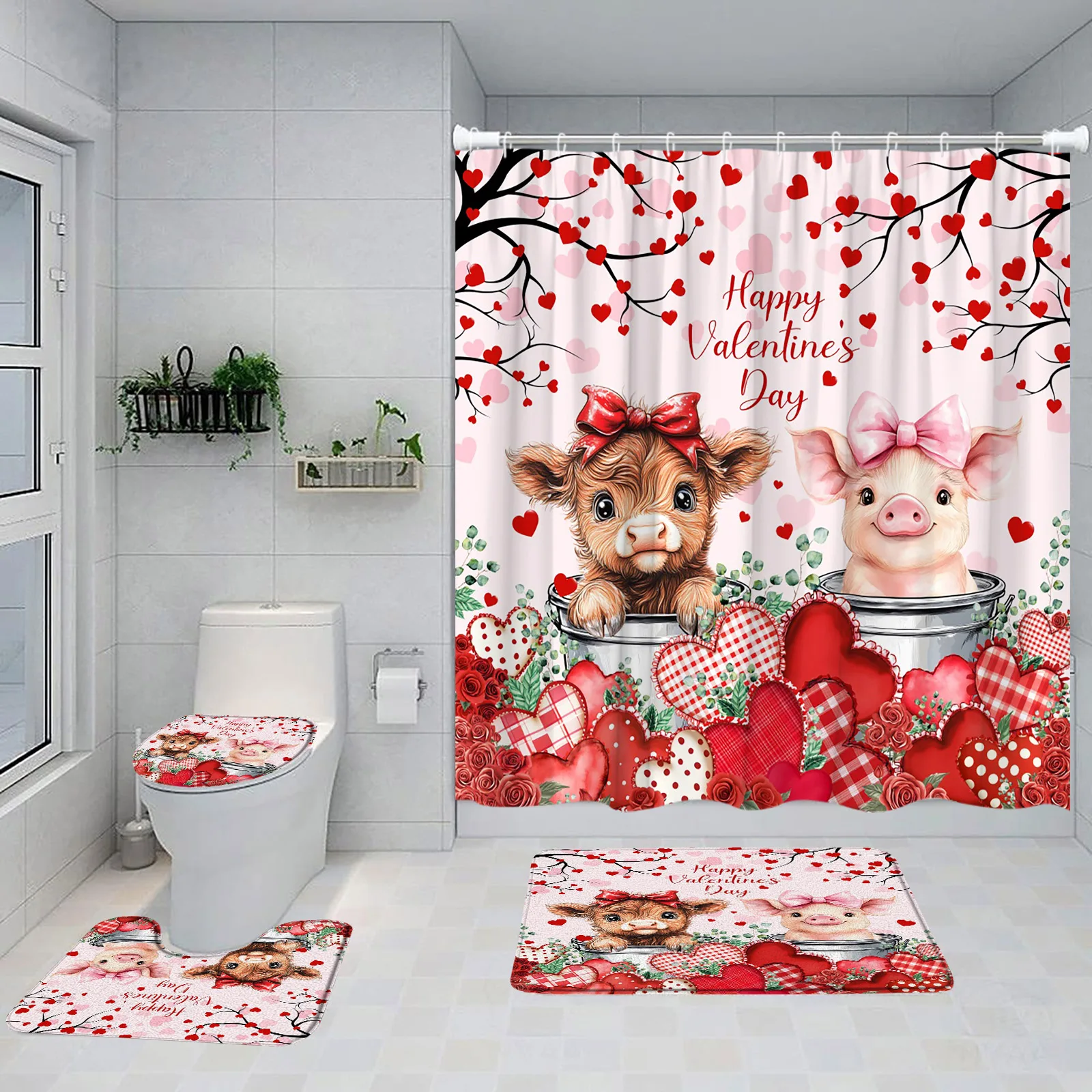 Valentine's Day Shower Curtain Set Cute Highland Cow Pig Love Heart Red Rose Flowers Home Bathroom Decor Bath Mats Toilet Cover