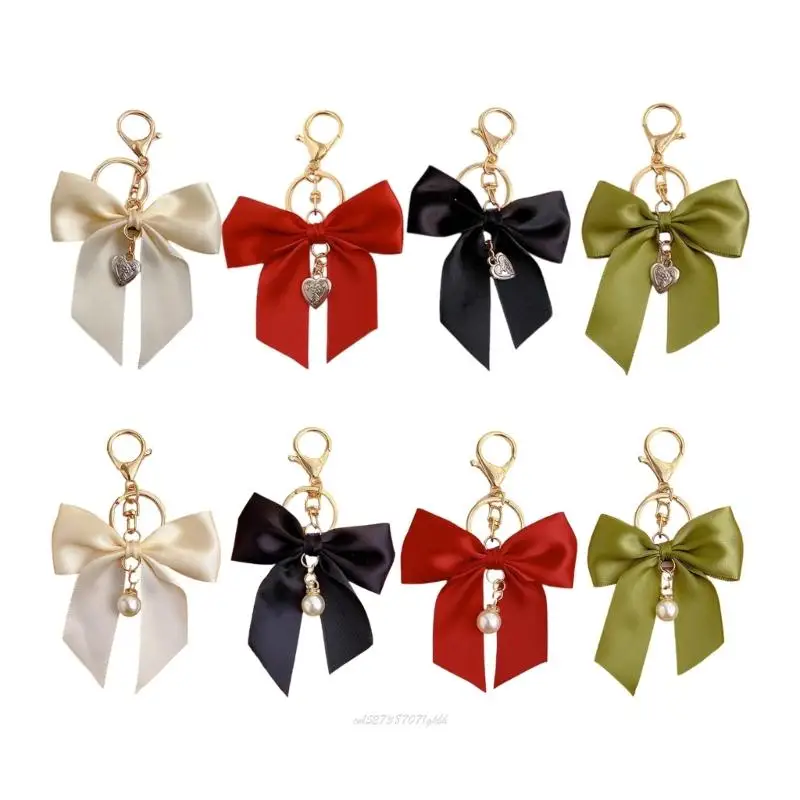 

X5XA Imitation Pearls Ribbon Keyring Decors For Handbags Practical Metal Holder Fashion Keychain Soft Bows Bag Pendant