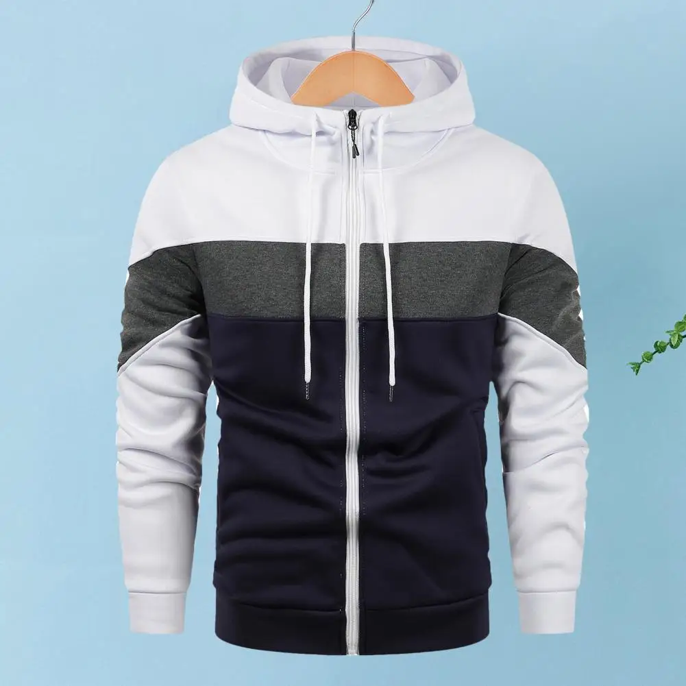 

Autumn Spring Men's Hoodie Drawstring Color Block Zipper Elastic Sleeve Hooded Cardigan Long-sleeved Sports Jacket