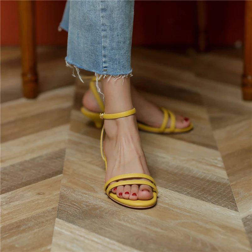 Meotina Women Genuine Leather Ankle Strap Sandals Round Toe Thin Mid Heels Buckle Narrow Band Ladies Fashion Casual Shoes Summer