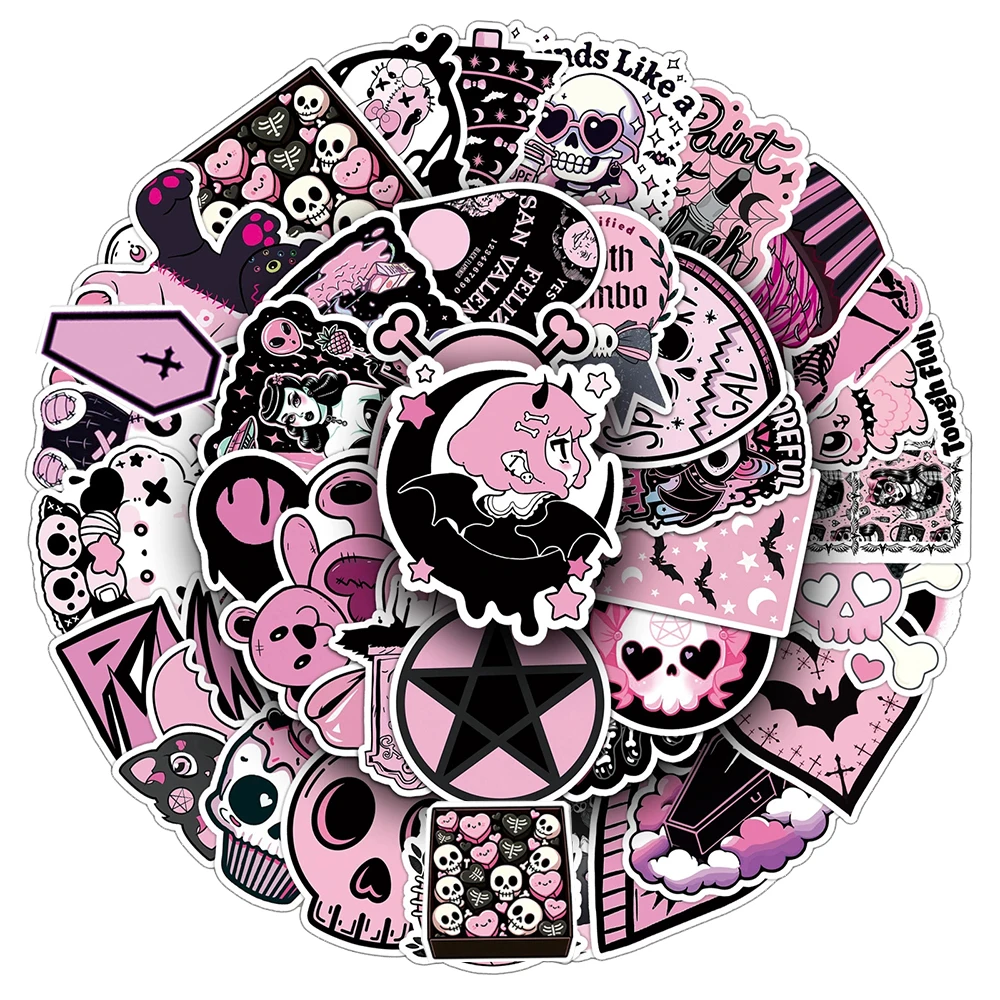 

10/30/50pcs Black and Pink Skull Cartoon Graffiti Stickers Goth Aesthetic Decal Luggage Phone Guitar PVC Cute Decoration Sticker