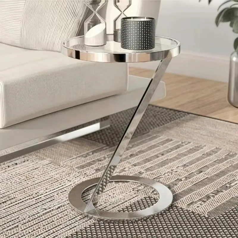 Modern Simple Luxury Metal Corner Table Stainless Steel Side Table with Glass Top Small Coffee Table for Living Room
