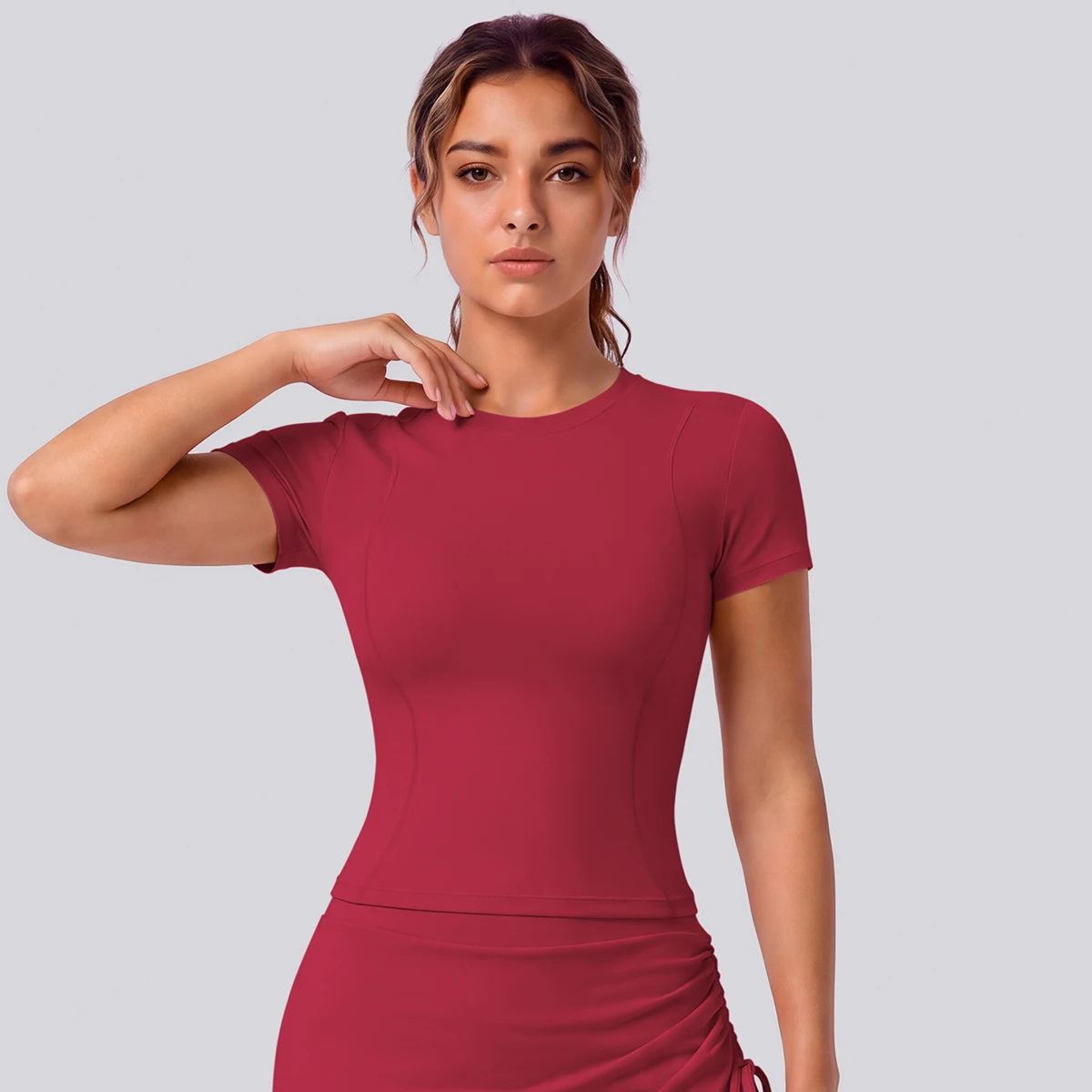 Rooftrellen Schnelltrocknendes Enges Yoga-T-Shirt für Damen, Kurzarm, Einfarbig, Atmungsaktives Sport-Top für Fitness und Yoga – Detail 13