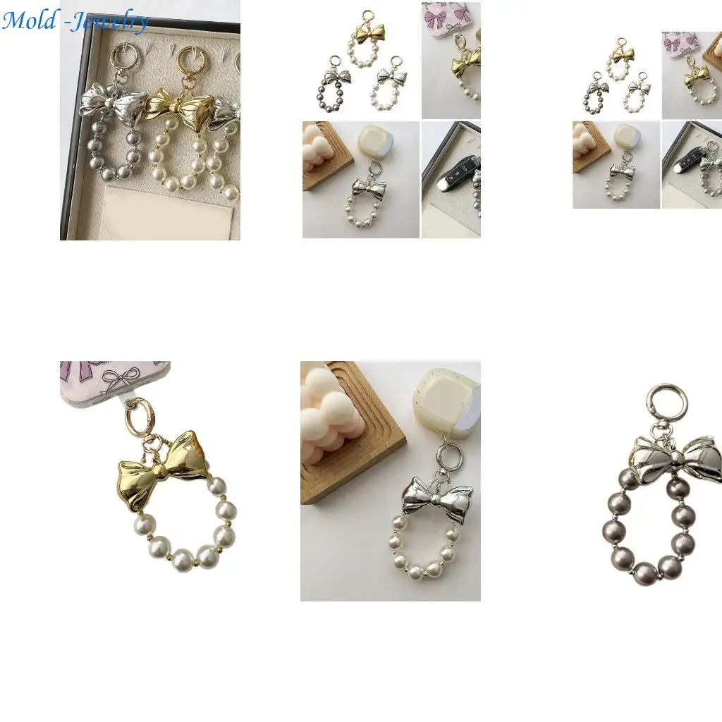 

69HB Elegant Beaded Rings Keychain with Bowknot Pendant Portable Keyring Decoration