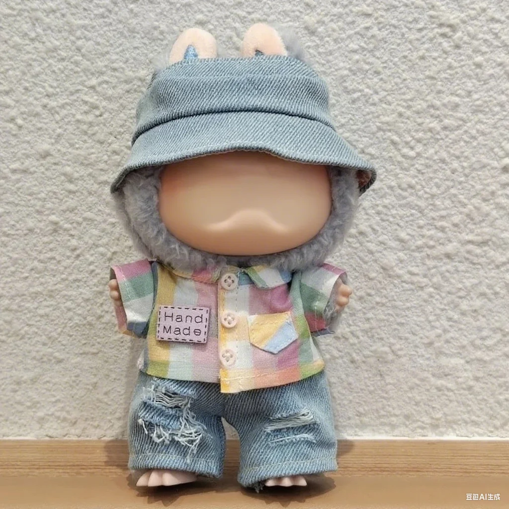 

Anime for 17cm Labubu Doll Outfits Designer Luxury Rainbow Grid Cowboy Clothes Doll Overall Toy Clothe Designer Doll Accessories