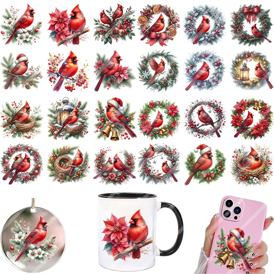 4 stücke Weihnachten Rot Kardinal Frühling DIY UV DTF Rub On Transfer Aufkleber Glas Tasse Wrap Karten Hause Weihnachten baum Ornament Dekor