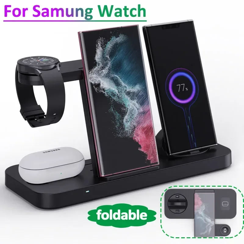 6 In 1 Wireless Charger Stand Foldable For Samsung S23 S22 Note Galaxy Watch 7 6 5 4 Active 2/1 Buds Fast Charging Dock Station