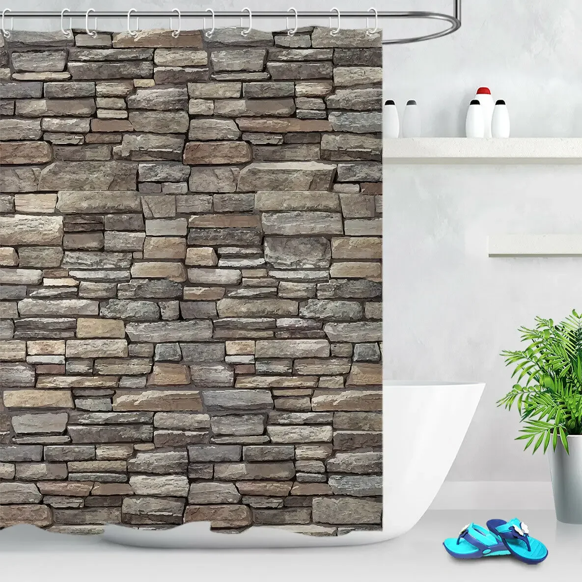 Grunge Rustic Stone Wall Waterproof Fabric Shower Curtain Bathroom Hooks