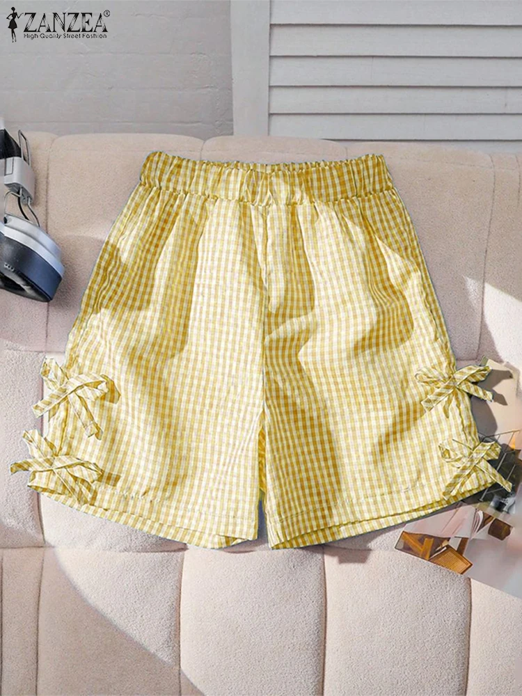 ZANZEA Pantaloncini scozzesi da donna Pantaloncini con fiocco Pantaloni larghi da festa di moda Pantaloni corti Abbigliamento estivo da donna Streetwear oversize