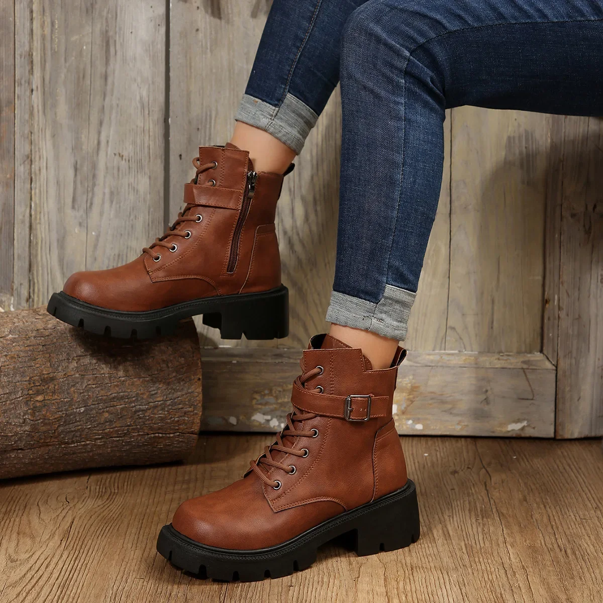 

Platform Round Toe Women Motorcycle Boots Fashion Lace Up Shoes Retro Autumn Winter Ladies Knight Short Booties Botas De Mujer