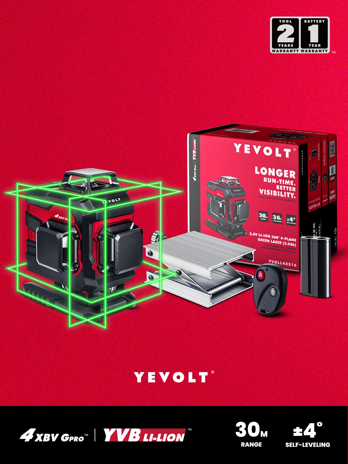 

YEVOLT YVGLL4XS16-R 4-Plane Green Laser Level 4D 16-Line with Remote Fine-tuning Lifting Base Self-Leveling Professional Machine