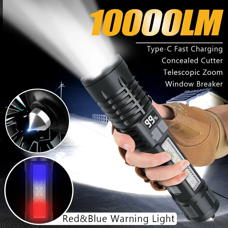 Powerful Led Flashlight Rechargeable Tactical Torch With Hammer  High Power Led  Flash Light Portable Camping Emergency Lantern