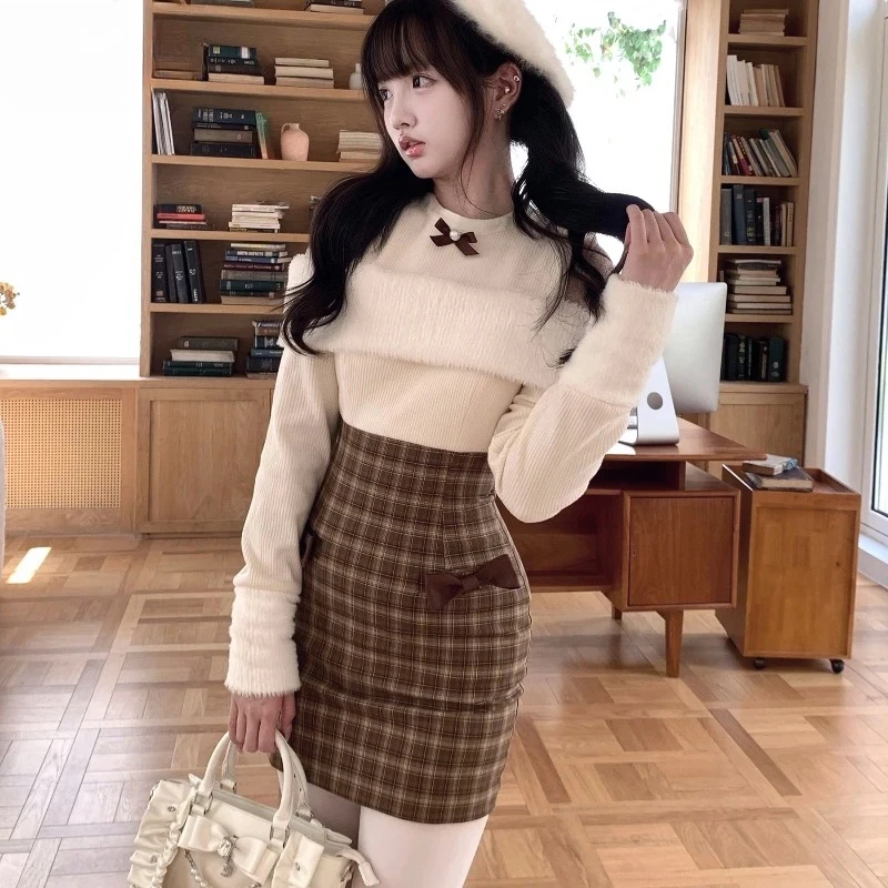 

Spring Autumn Japanese Y2K Sweet Lolita Dress Sweet Bow Knitted Splicing Plaid Off-Shoulder Dress College High Waist Mini Skirt