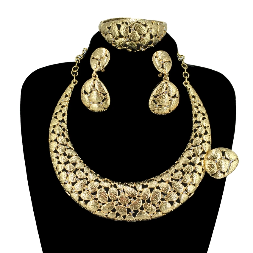 Jewelry Set For Women 2025 New Gold-plated Necklace Set Layered Design Texture Bracelet Earrings Nigerian Wedding Party FHK14511