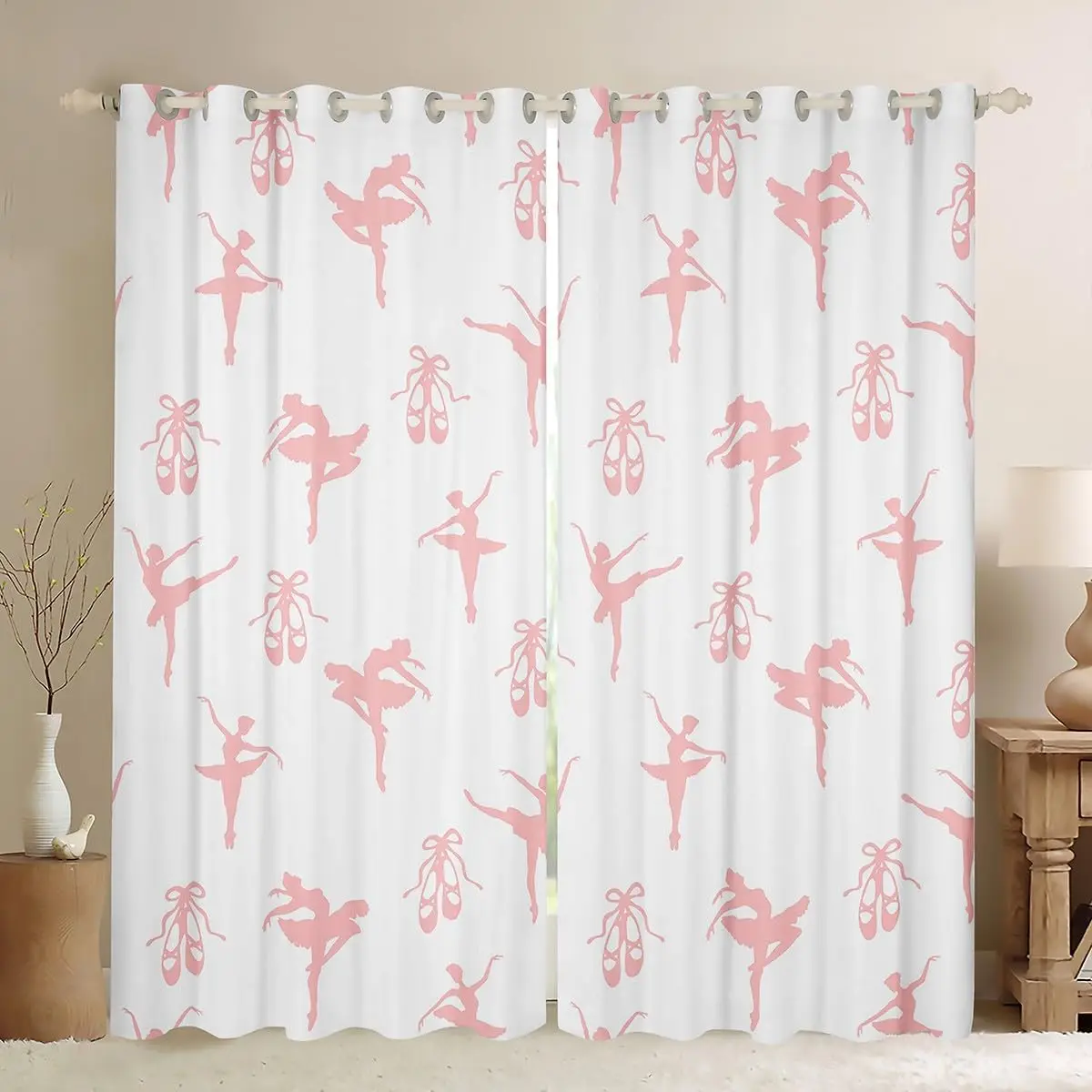 Decorative Ballet Dancer Print Curtains White Pink Ballerina Silhouette Pattern Window Panels Romantic Elegant Curtains for Bedr