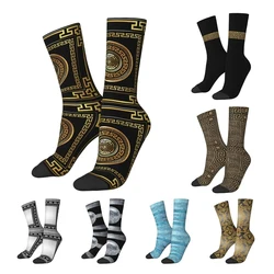 Winter Warm Colorful Women Men Greek Key Meander Black Gold Large Socks Non-slip Basketball Socks