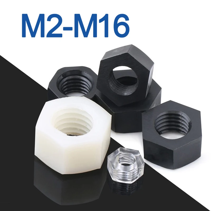 10/ 50PCS M2 M2.5 M3 M4 M5 M6 M8 M10 M12 M14 M16 White/ black Nylon Plastic Hex Nuts DIN934 for Heat/ Elctricity Insulation