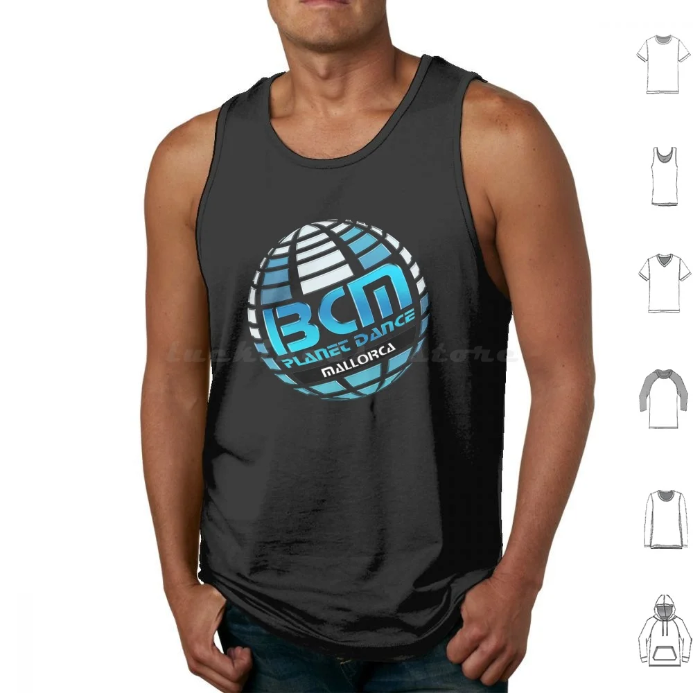 Bcm Planet Dance Magaluf Mallorca: Camisetas sin mangas con estampado de globo vintage sobre fondo negro, estilo disco, España, de algodón, Magaluf Punta