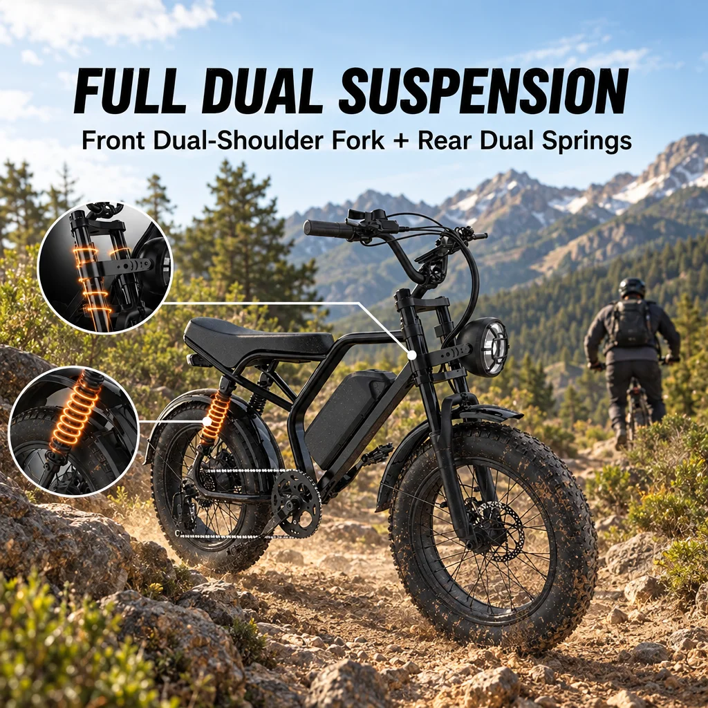 1500W Peak Fat Tire Electric Bike, 48V 15Ah Removable Battery E-bike up to 60+ Miles, 28MPH Full Suspension Electric Moped with Dual Hydraulic Brakes, 20