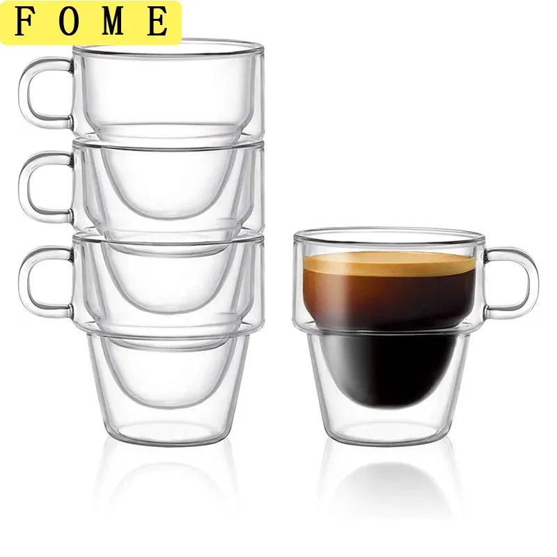 

FOME 2/4pcs Double Wall Insulated Espresso Glass Cups Set 100/200ml Espresso Shot Glass Cup With Handle Stackable Thermal Mug
