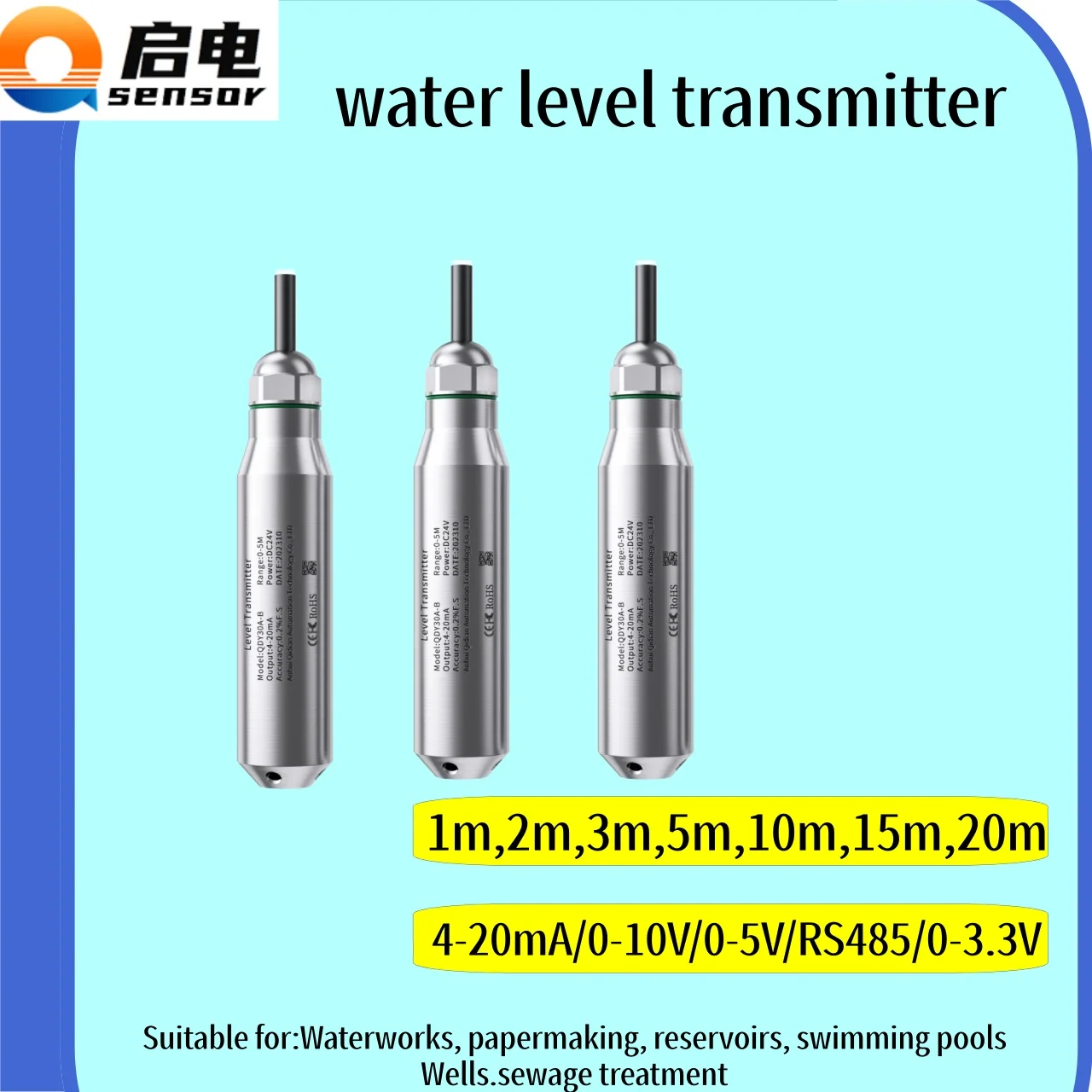 1m 2m 5m 10m 15m Hydrostatic Liquid Level Sensor 4-20mA 0-10V Oil Fuel Water Transmitter RS485 Tank Well Transducer