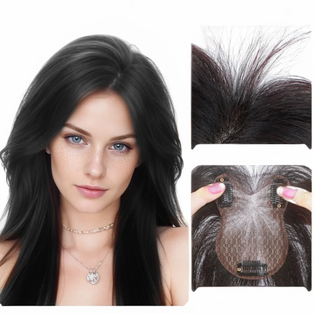 8x11cm Ultra-Thin Lace Human Hair Toppers for Women Fluffy Fringe Bangs Baby Hair Clip-In Hairpieces Extension Cover Grey Hair