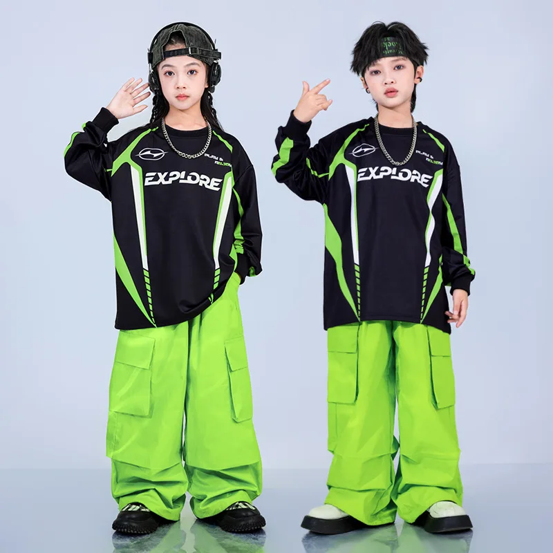 

Kids Hip Hop Clothing Boys Girls Jazz Dance Costume Hiphop Sweatshirt Green Pants Children'S Ballroom Dance Kpop Outfit XS8614