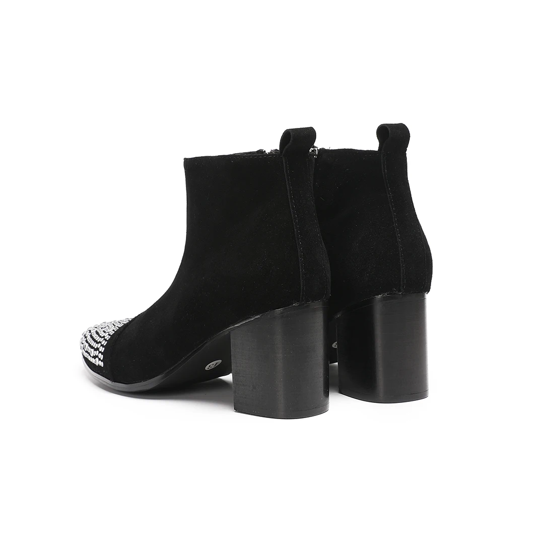 Male suede Leather Rhinestone High Heel Ankle Boots men Zipper Black pointed Toe Night Club Party short boots Plus Size Shoes - view 5