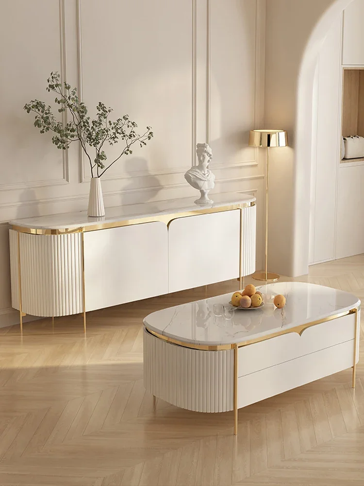 خزانة تلفزيون فاخرة بإضاءة إسكندنافية وطاولة قهوة حديثة وبسيطة وبلاط صخري وخزانة مزخرفة ومجموعة طلاء لغرفة المعيشة مدمجة #3