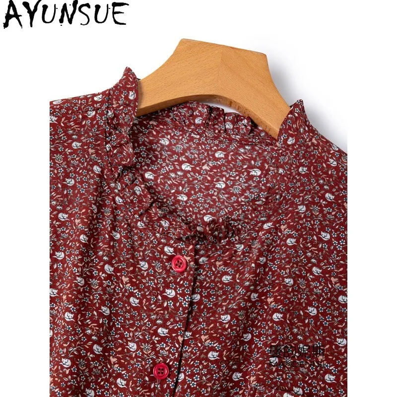 AYUNSUE 100% Silk Women's Blouses and Shirts Sweet Floral Tops for Woman High Quality Blouse Femme Summer Woman Clothes Одежда
