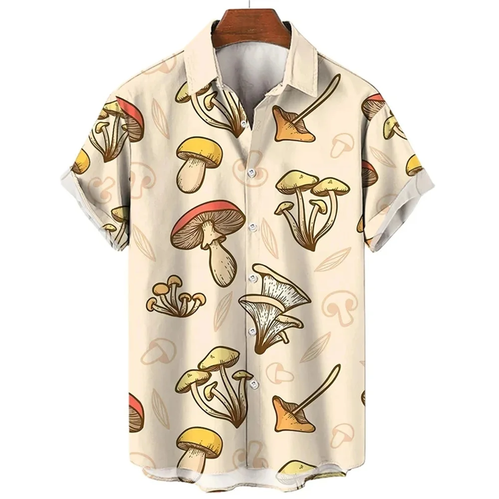 Cartoon Mushroom Graphic Shirt Loose Breathable Unisex Hawaiian Shirts Fashion Casual Lapel Beach Vacation Short Sleeve Tops