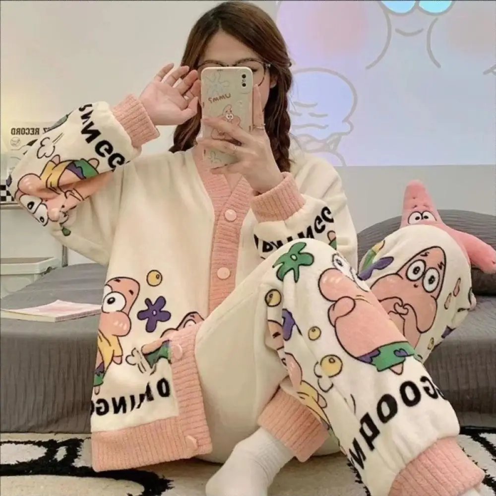 Anime Spongebob Women Cardigan Plush Pajamas Set Kawaii Patrick Star Female Home Clothes Winter Sweet Girls Thicken Nightwear