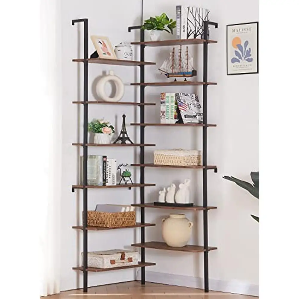 12-Tier L Shaped Corner Bookshelf Wall Mount Bookcase Industrial Style Metal Frame Wood Display Shelf Organizer Office Living