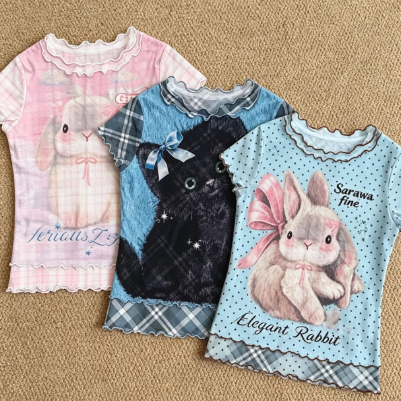 Y2K Subkultur Crop Tops Damen Lässige Kurzarm American Vintage T-Shirts Weibliche Urlaubs-Retro Bedruckte Oberteile T-Shirts