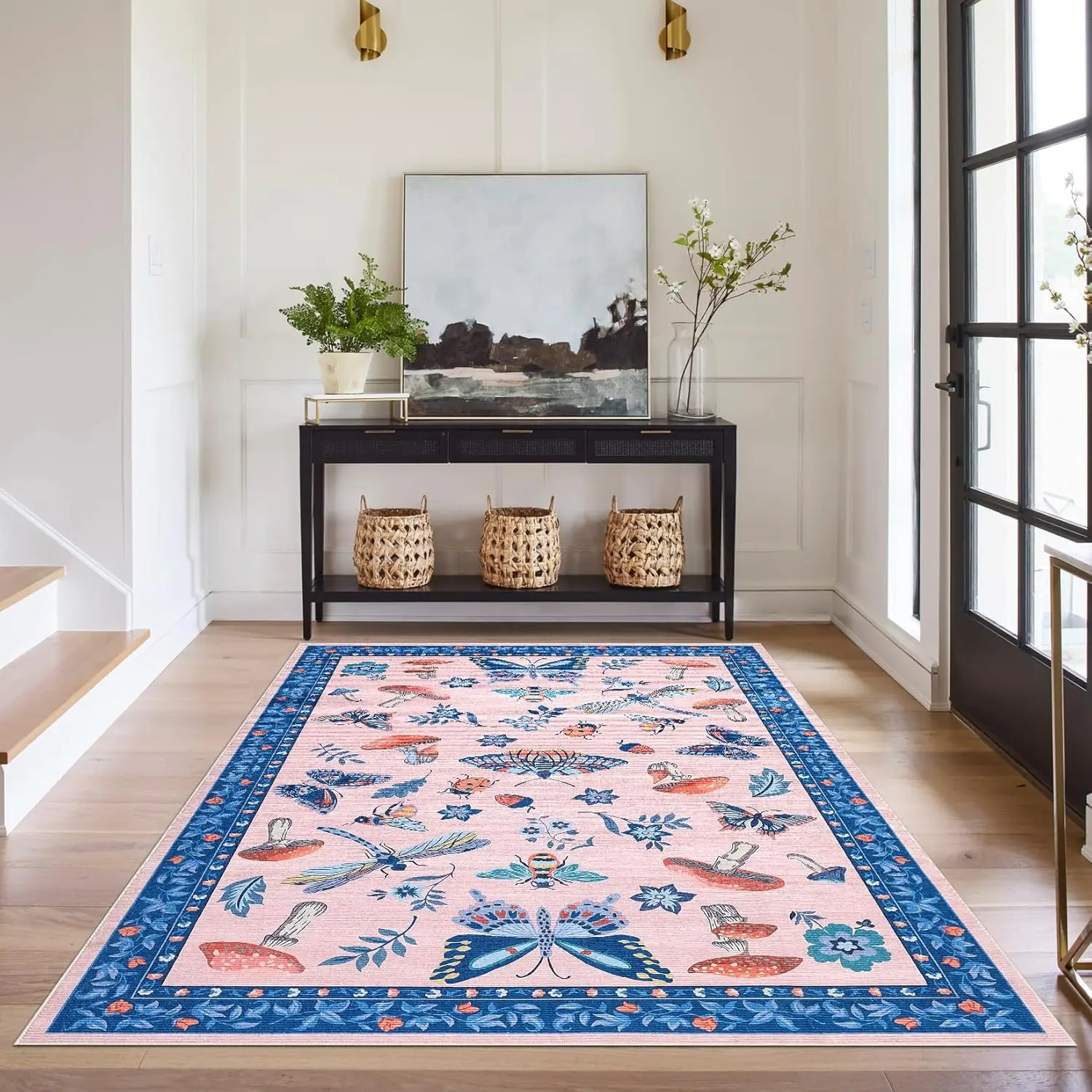 Mushroom Insect Area Rugs for Bedroom NonSlip Modern Butterfly Carpet for Living Room Nursery Kitchen Dining Room Blue Pink Mats