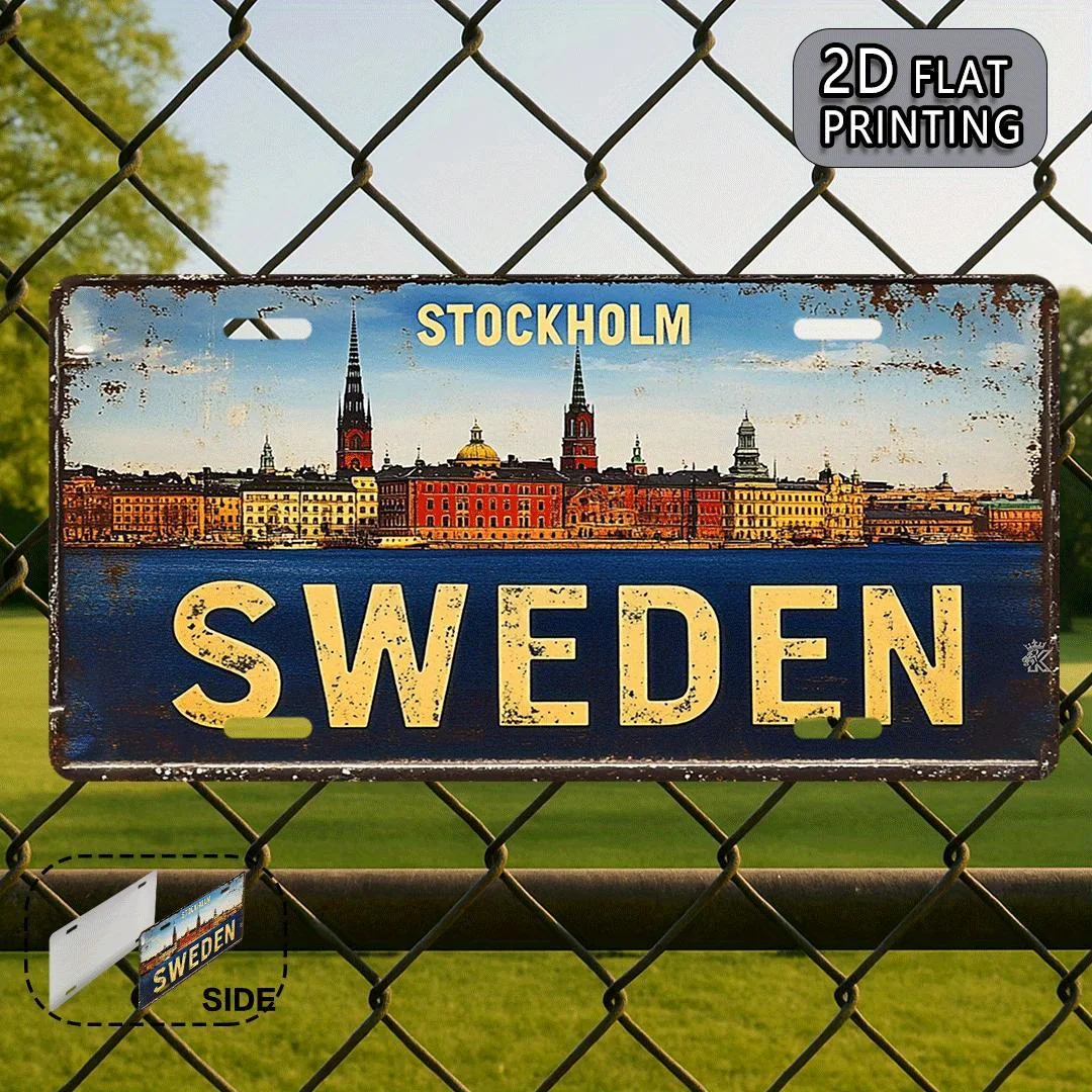 2D Flat, 1pc Stockholm, Sweden Vintage Metal Aluminum License Plate, Decorative Sign, for Decoration Only, Travel Souvenir