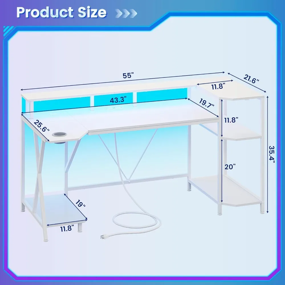 طاولة ألعاب بيضاء مقاس 55 بوصة مع أضواء LED ورف تخزين، ومكتب كمبيوتر مع حامل شاشة، ومنفذ طاقة وحامل أكواب