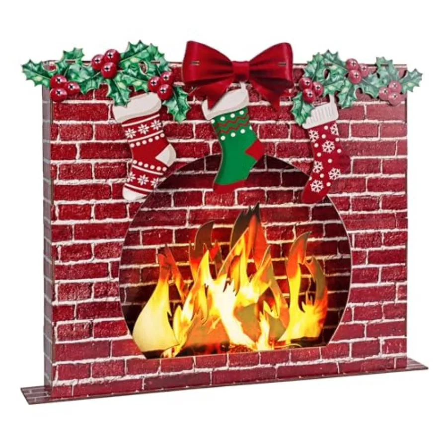 

3D Artificial Wooden Fireplace Prop with Light Strip 27"x23"x3.4" Red Fireplace Stand Up for Christmas Decor 3D Fake Fireplace