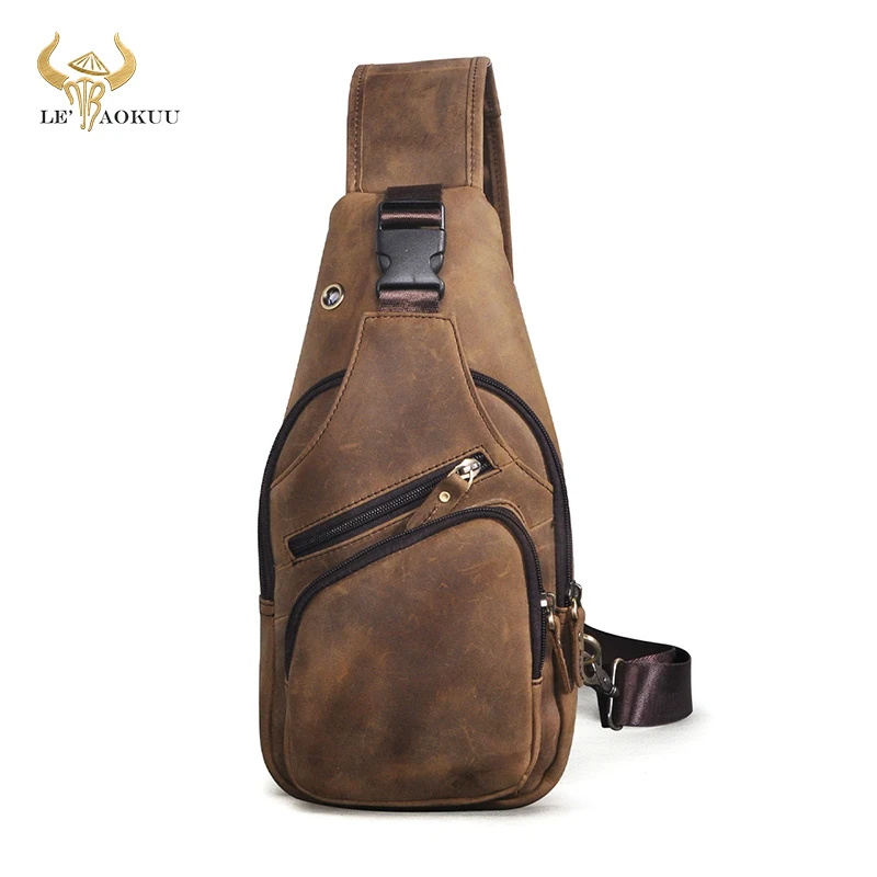 New Hot Sale Quality Crazy Horse Leather Retro Triangle Sling Chest Bag For Men 8