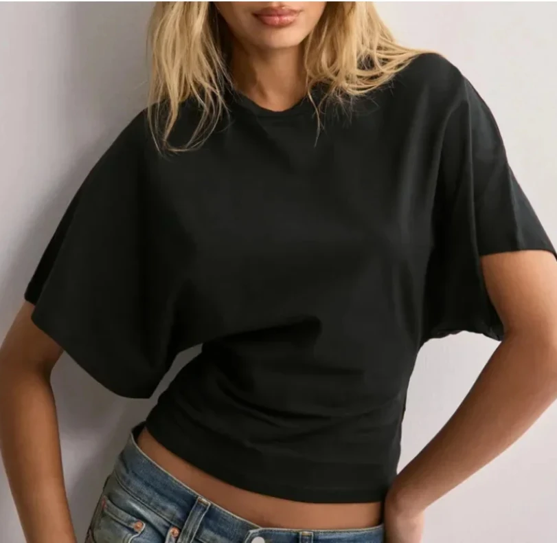 Mode Sommer Einfache Passende Rundhals Pullover Tops Kurzarm Taille Schlank Solide Lose Beiläufige frauen