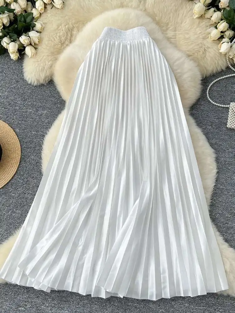 Women Metallic Pleated Midi Skirt Spring Autumn Elastic High Waist Elegant A-line Mid Length Skirts