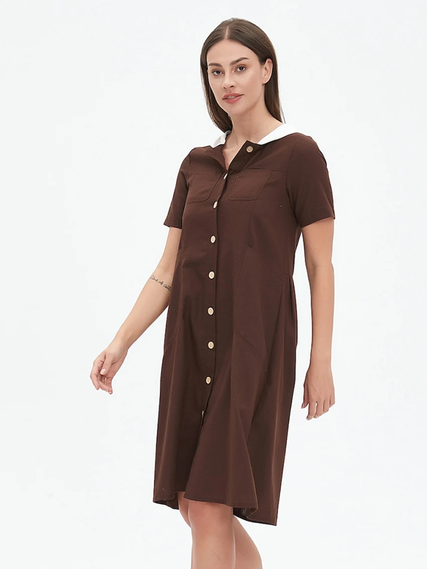 Parc Fee – robe mi-longue décontractée, ample, marron, à capuche, manches courtes, élégante, classique, Patchwork, à la mode, 2025