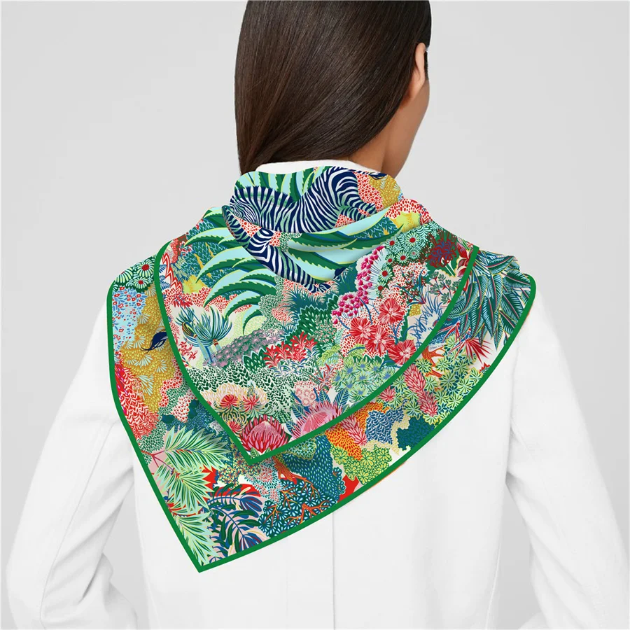 Silk Scarf Women Foreast Zebra Print Square Scarves Head Echarpes Silk Foulards Femme Wraps Beach Shawl Bandana Lady Hijabs 90CM